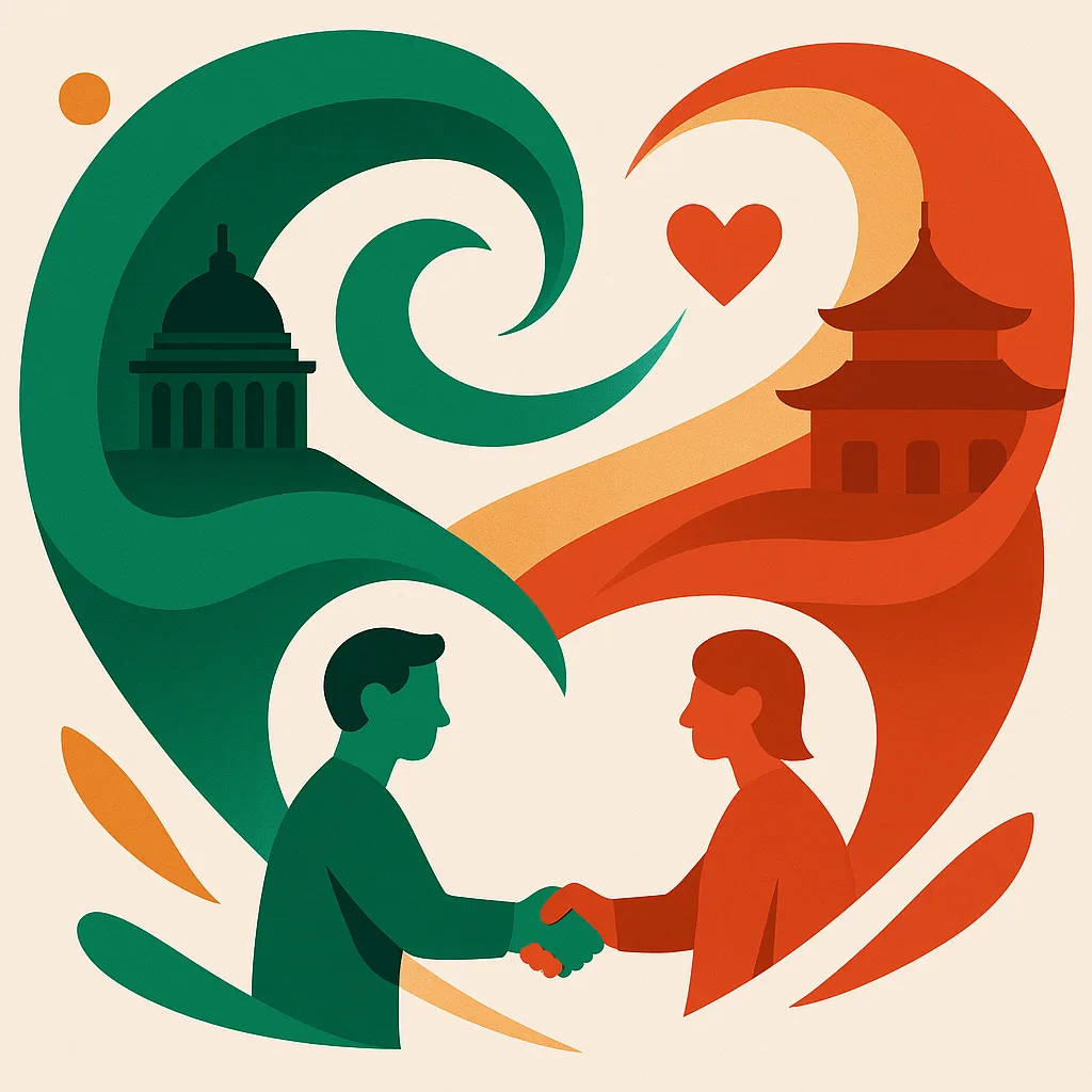 Abstract illustration symbolizing cross-cultural exchange between Ireland and China.